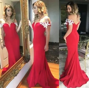 leaf appliqued off shoulder red mermaid prom dress