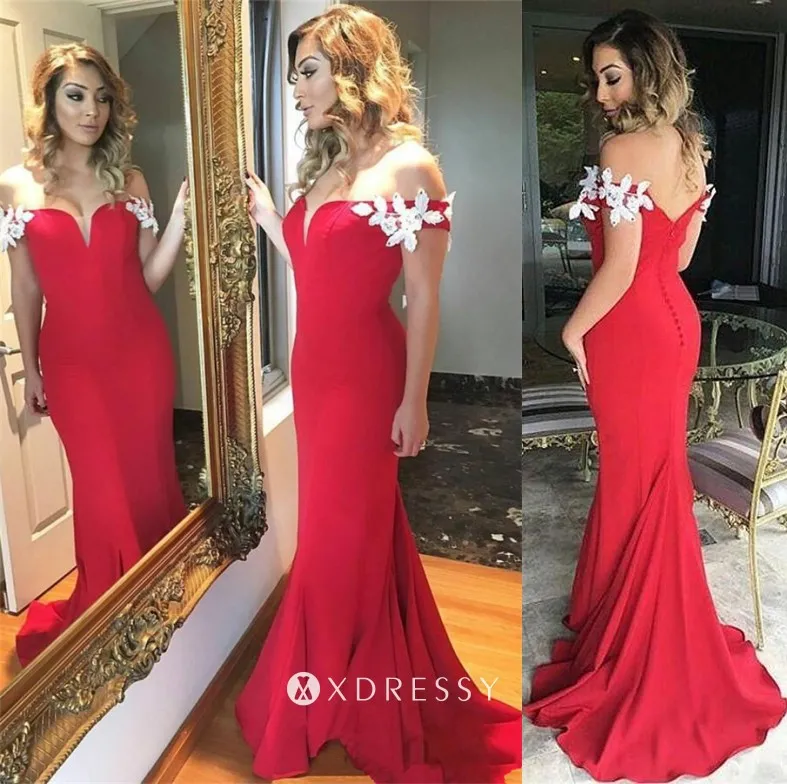 leaf appliqued off shoulder red mermaid prom dress