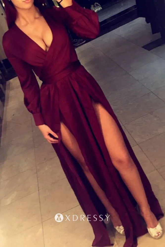 long sleeve plunging neck slits maroon prom dress long sleeve plunging neck slits maroon prom dress