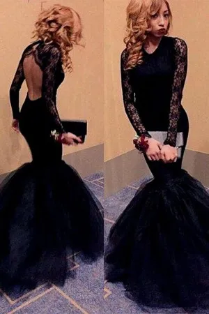 long sleeve open back black lace tulle formal gown