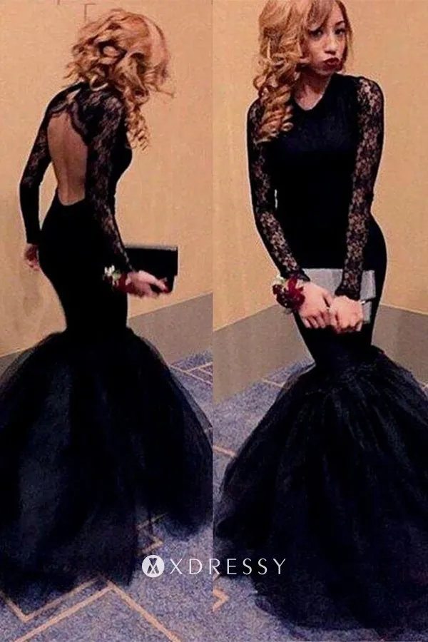 long sleeve open back black lace tulle formal gown long sleeve open back black lace tulle formal gown