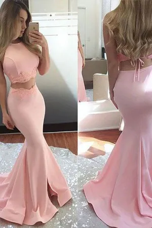 peach pink backless two piece mermaid formal gown