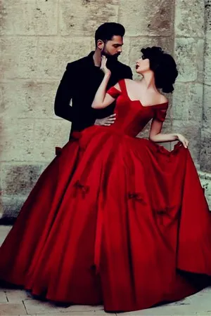 off the shoulder bow dark red engagement ball gown