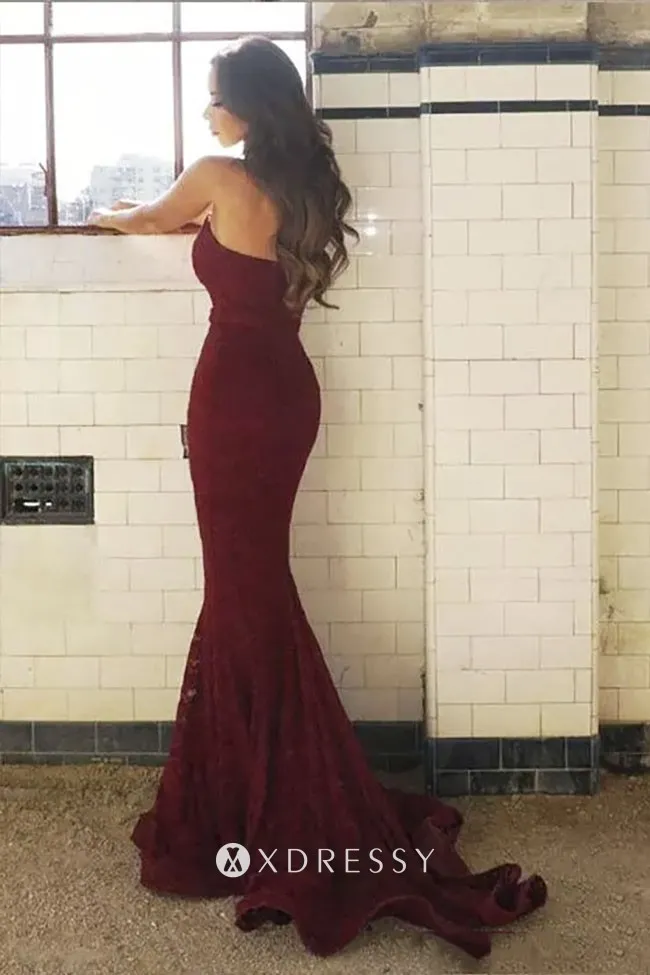 low back dark red lace mermaid wedding guest gown