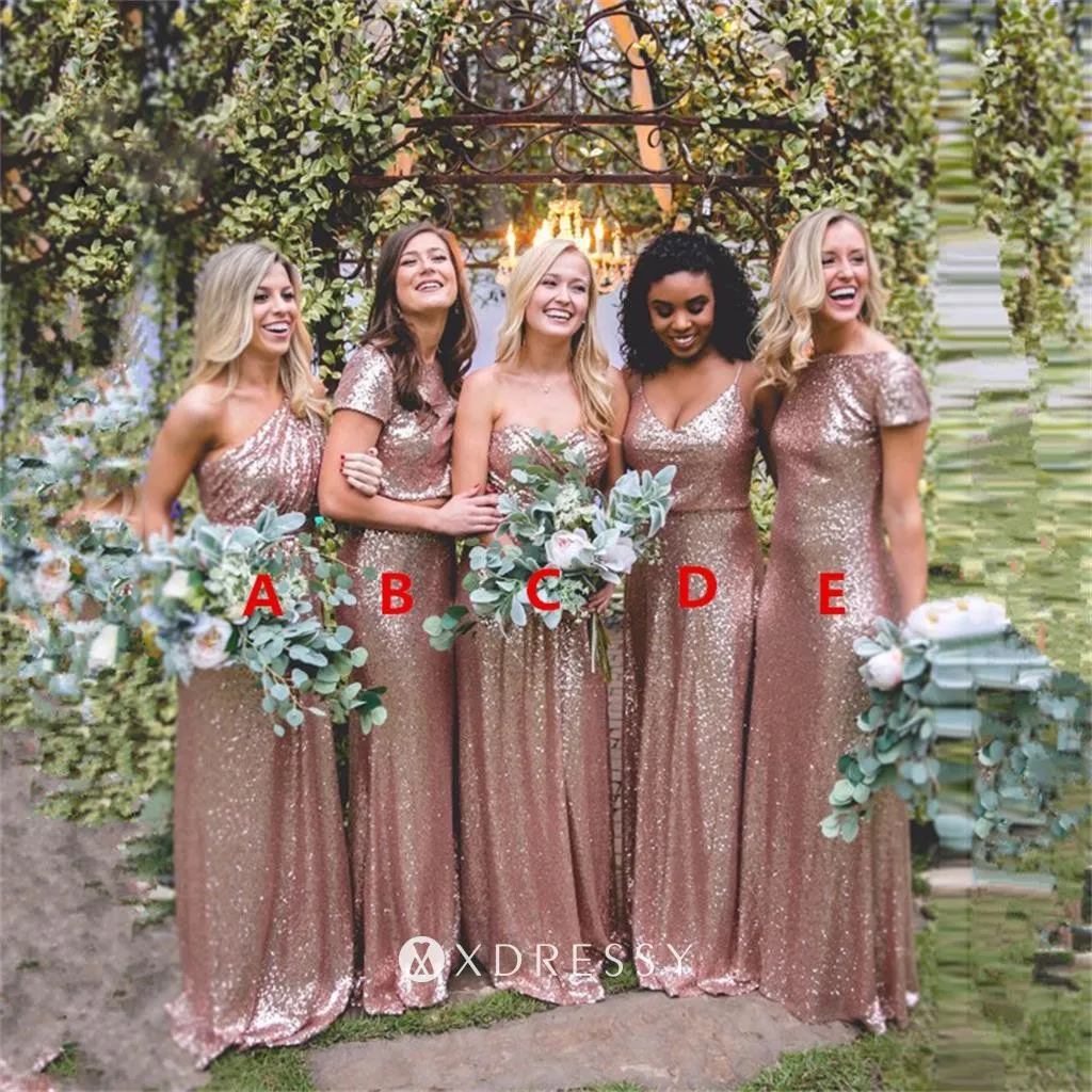 mismatched rose gold A line long bridesmaid gowns mismatched rose gold A line long bridesmaid gowns
