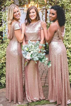 rose gold mismatched A line long bridesmaid gowns