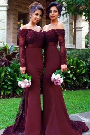 off the shoulder maroon mermaid bridesmaid dresses