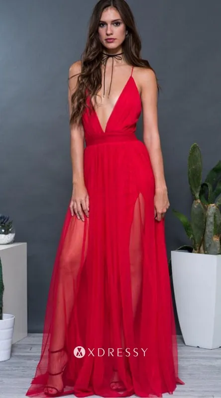 plunging V neck sheer red chiffon split backless prom dress plunging V neck sheer red chiffon split backless prom dress