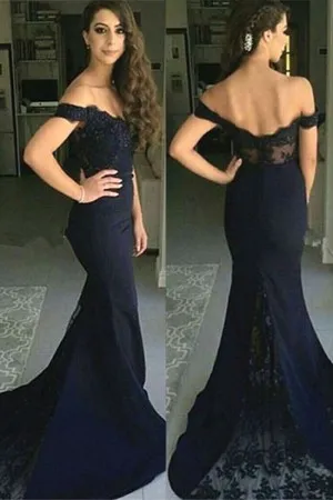 dark navy low back mermaid wedding guest dress