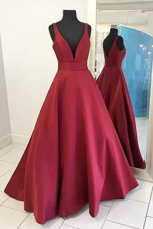 plunging neck ruby red satin simple formal gown