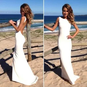 backless boat neck white mermaid long prom dress