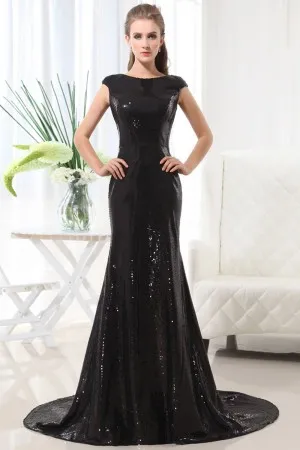 cap sleeve bateau neck black sequin formal gown