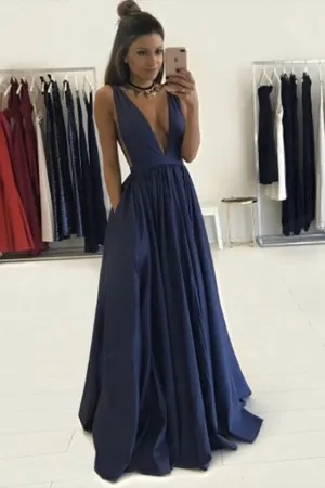 plunging V neck navy blue puffy A line prom dress