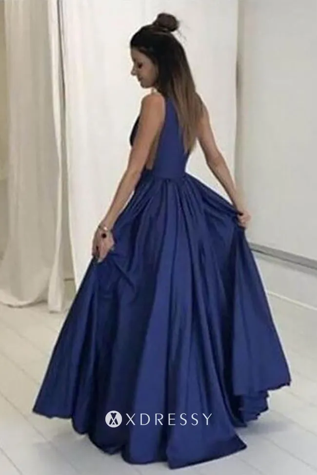 sleeveless V neck navy blue puffy A line prom dress sleeveless V neck navy blue puffy A line prom dress