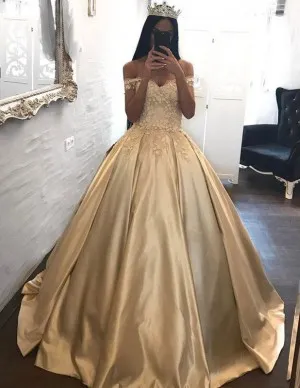 gold champagne appliqued off shoulder pageant gown
