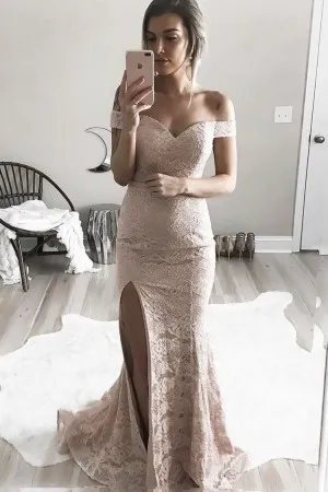 off the shoulder slit nude lace mermaid prom dress