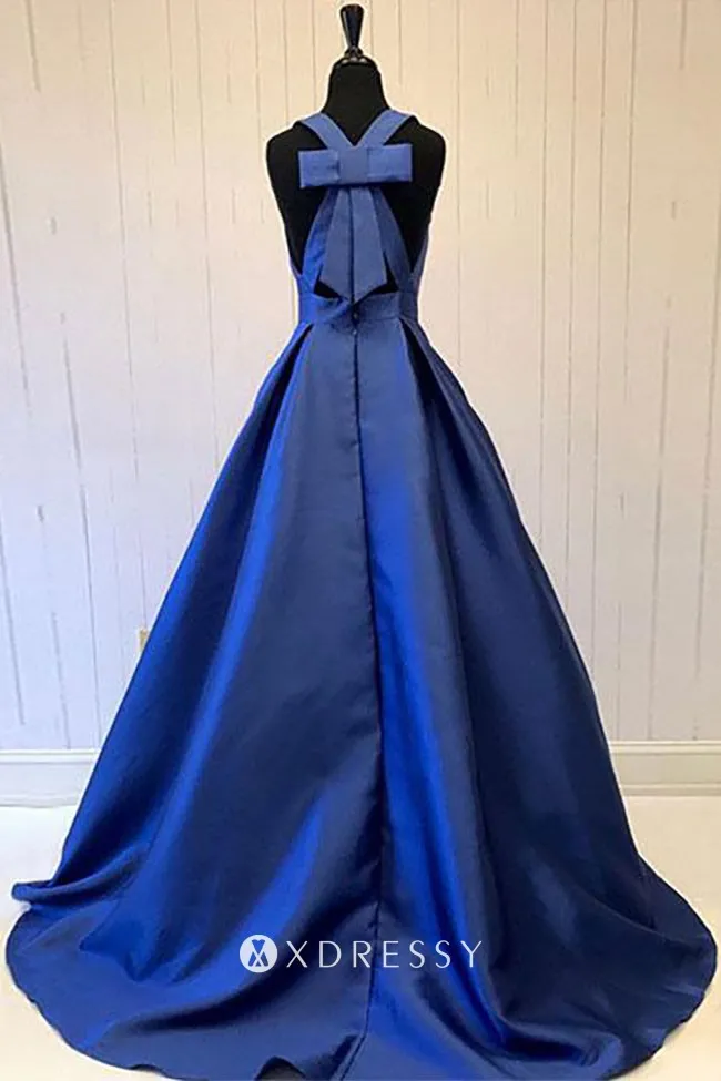 bow back navy blue satin long formal ball gown