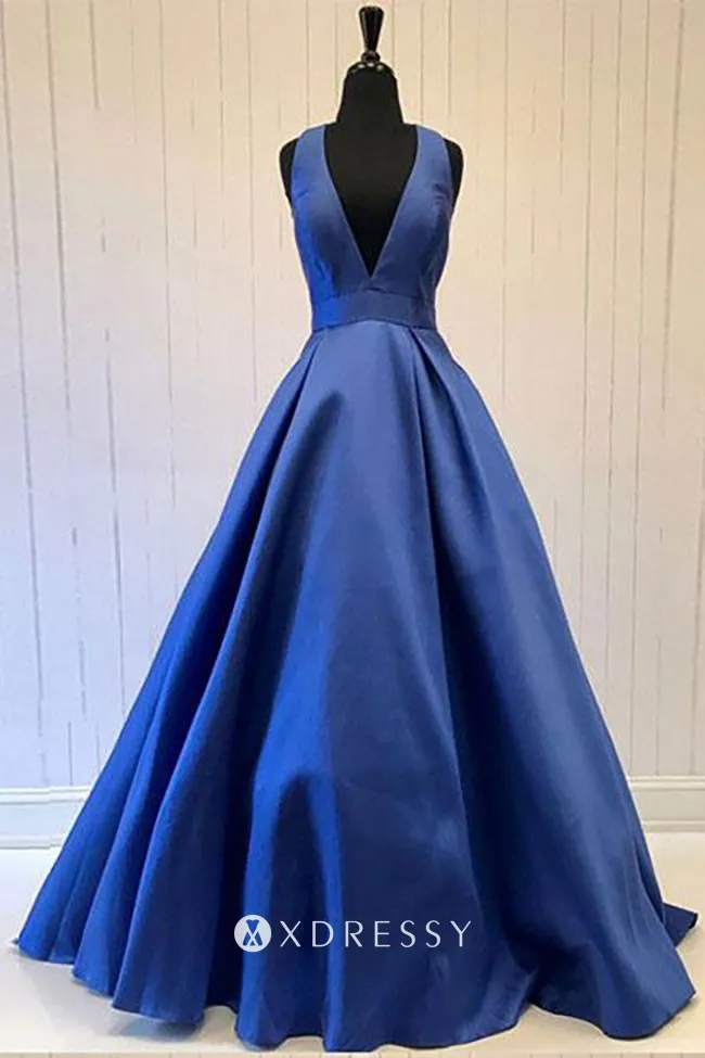 sleeveless navy blue satin long formal ball gown