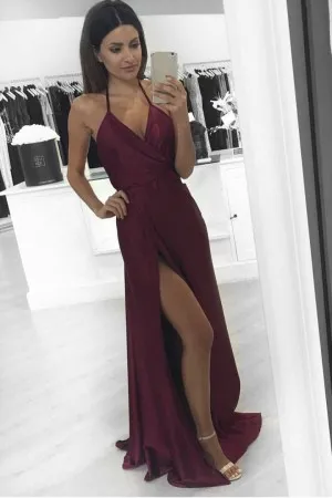 halter V neck high slit maroon chiffon prom dress