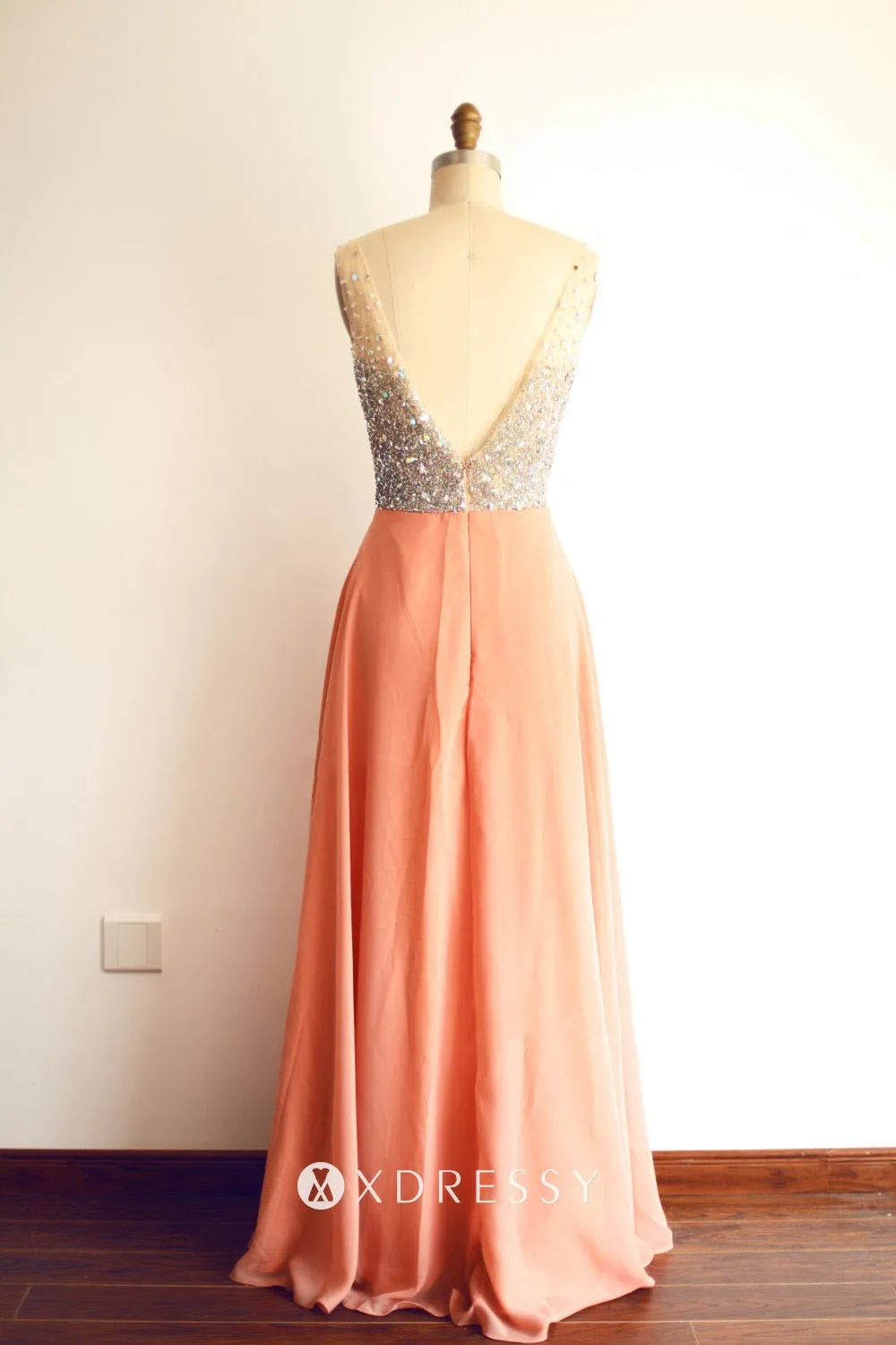 deep V back diamonds beading peach prom dress