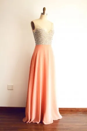 diamonds beading peach A line wedding guest dress