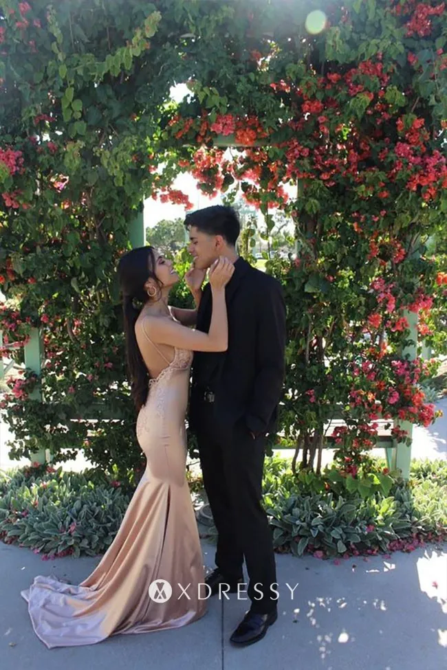 lace appliqued nude pink satin mermaid prom dress