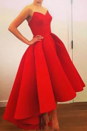 strapless V neck draped high low red cocktail gown
