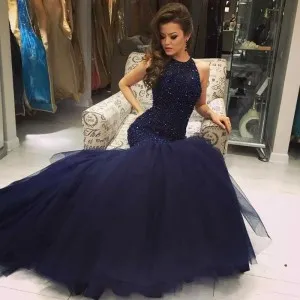 beaded navy drop waist tulle trumpet formal dress