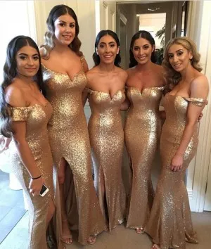 gold sequin off shoulder split bridesmaid dresses