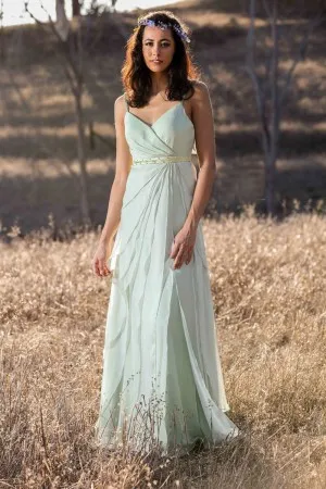 spaghetti straps wrap sage green bridesmaid dress