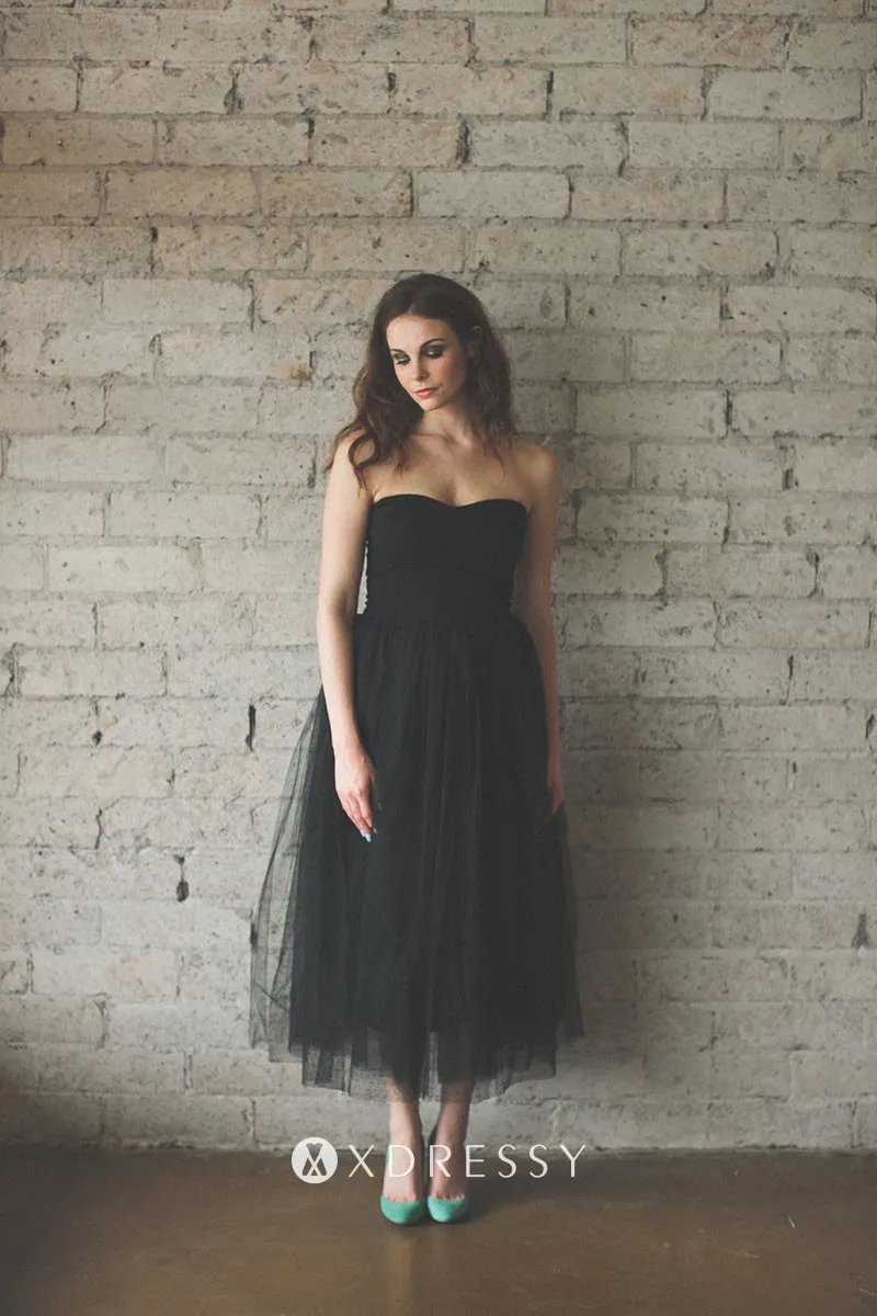 tea length strapless black tulle graduation dress