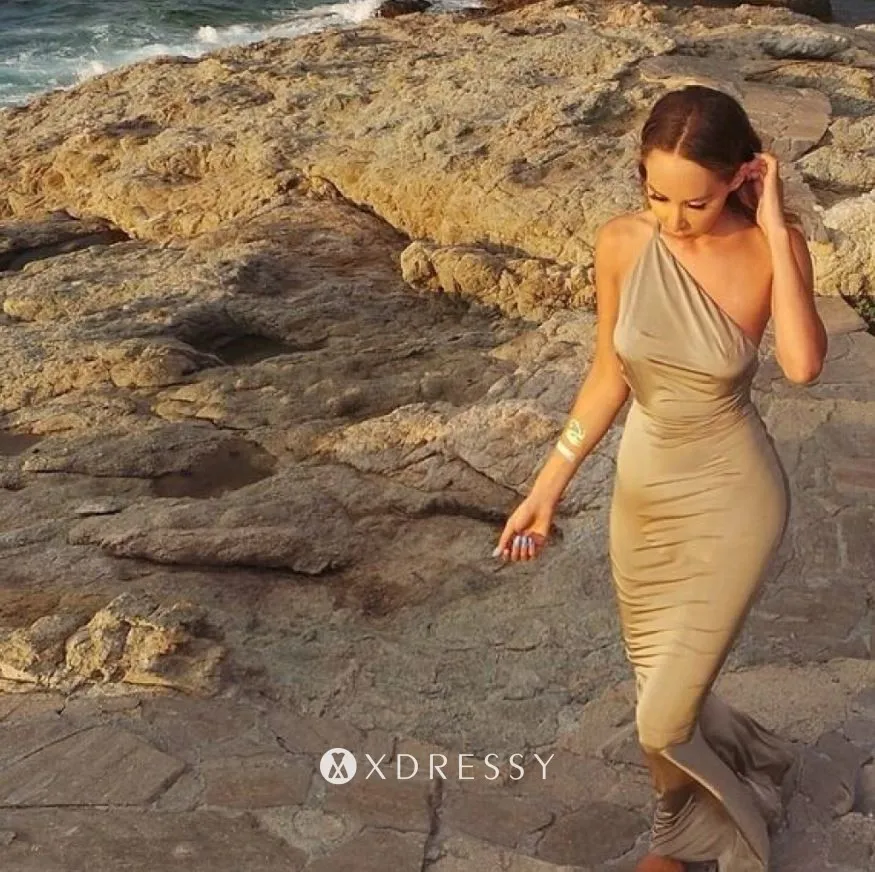 one shoulder strap backless coffee slim prom gown one shoulder strap backless coffee slim prom gown
