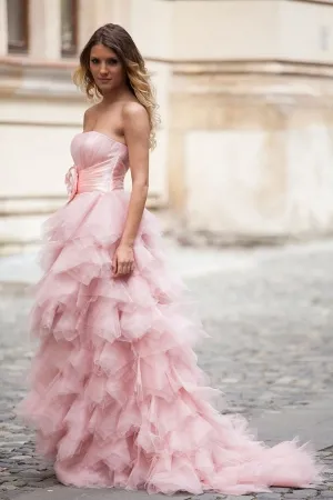 cascading ruffle baby pink organza engagement gown