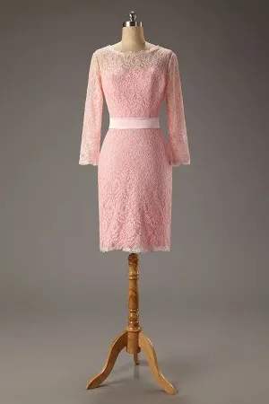 34 sleeve pink lace short sheath bridesmaid dress