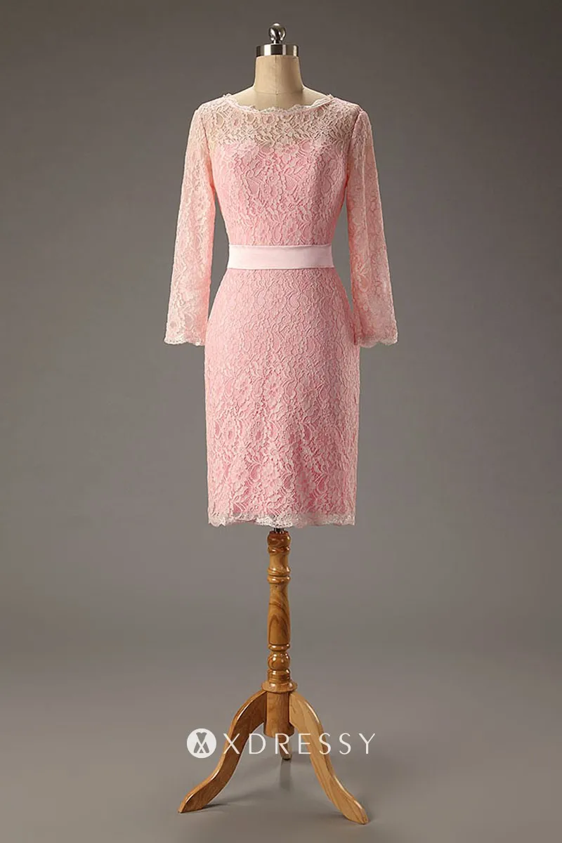 34 sleeve pink lace short sheath bridesmaid dress