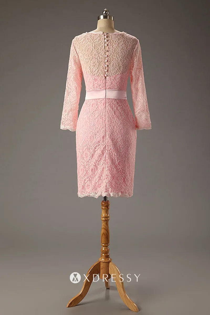 illusion neck pink lace short sheath bridesmaid dress