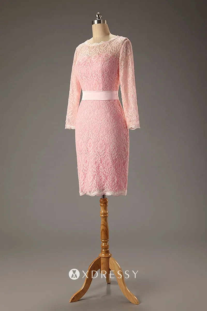 pink lace short sheath bridesmaid dress