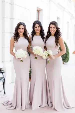 boat neck nude spandex mermaid bridesmaid dresses