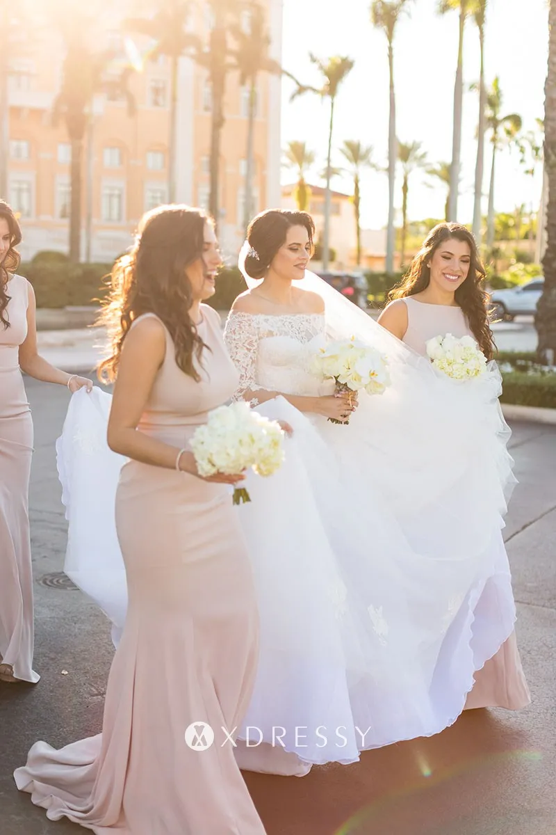 sleeveless nude spandex mermaid bridesmaid dresses