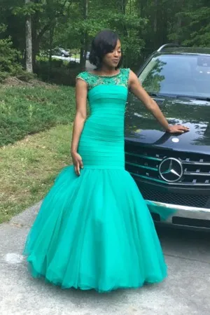 cap sleeves drop waist trumpet green prom dress
