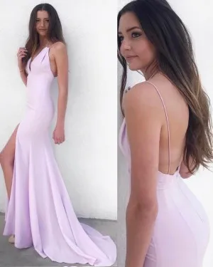 thigh high slit backless lilac mermaid prom dress