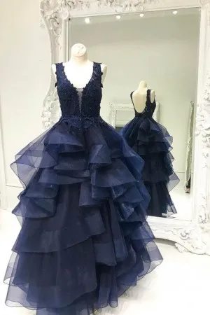 navy lace tiered flounced tulle formal ball gown