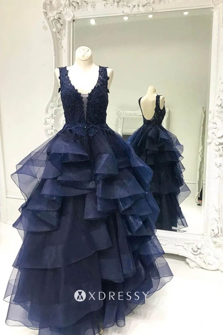 navy lace tiered flounced tulle formal ball gown