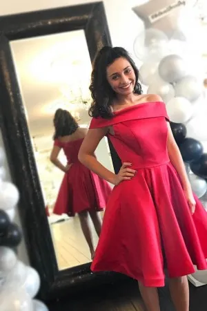 off the shoulder short hot pink graduation dress