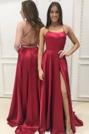 backless spaghetti straps split A line prom dress