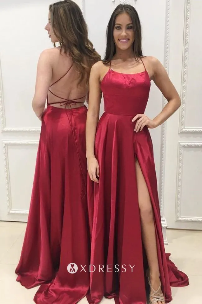 backless spaghetti straps split A line prom dress backless spaghetti straps split A line prom dress