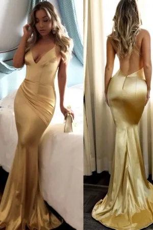 shiny gold satin V neck draped backless prom dress