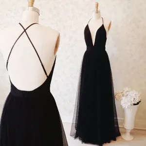 plunging neck backless black tulle sexy prom dress