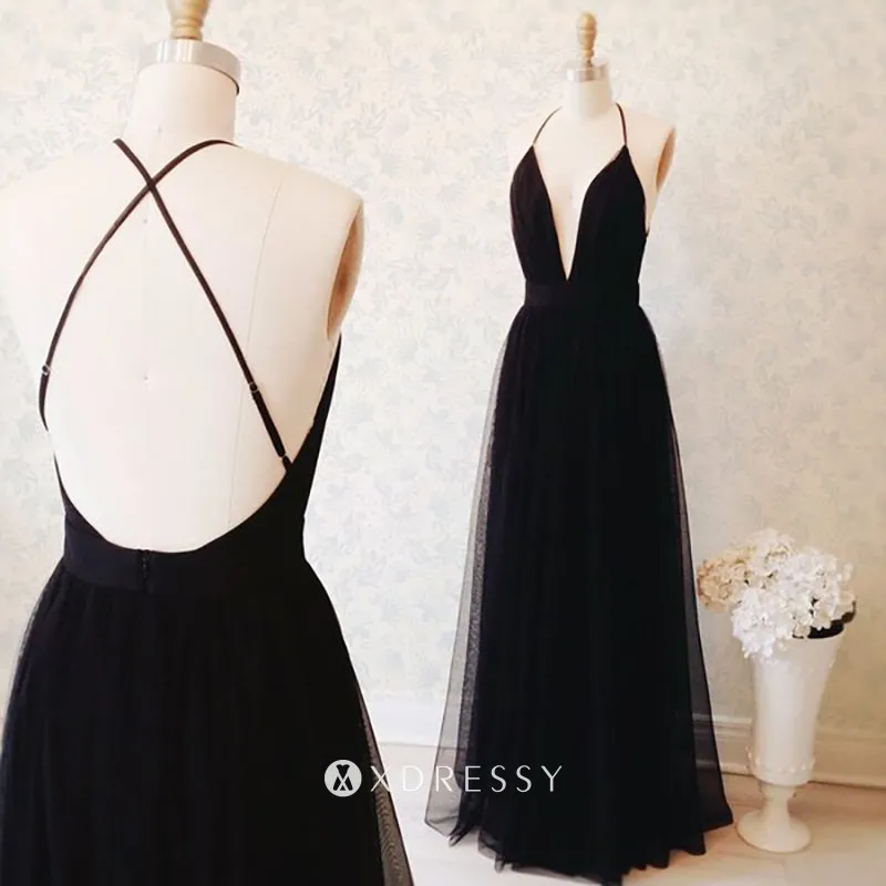 plunging neck backless black tulle sexy prom dress plunging neck backless black tulle sexy prom dress