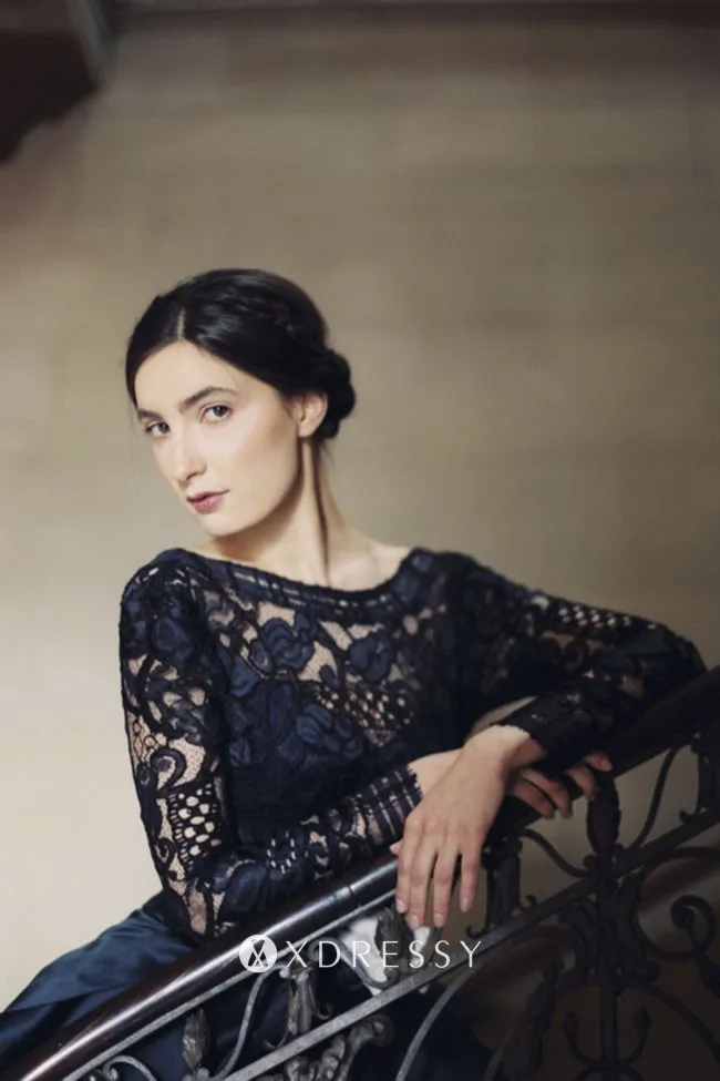 illusion long sleeve midnight navy layered formal dress